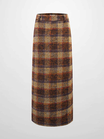 Straight Maxi Skirt-Brown Plaid