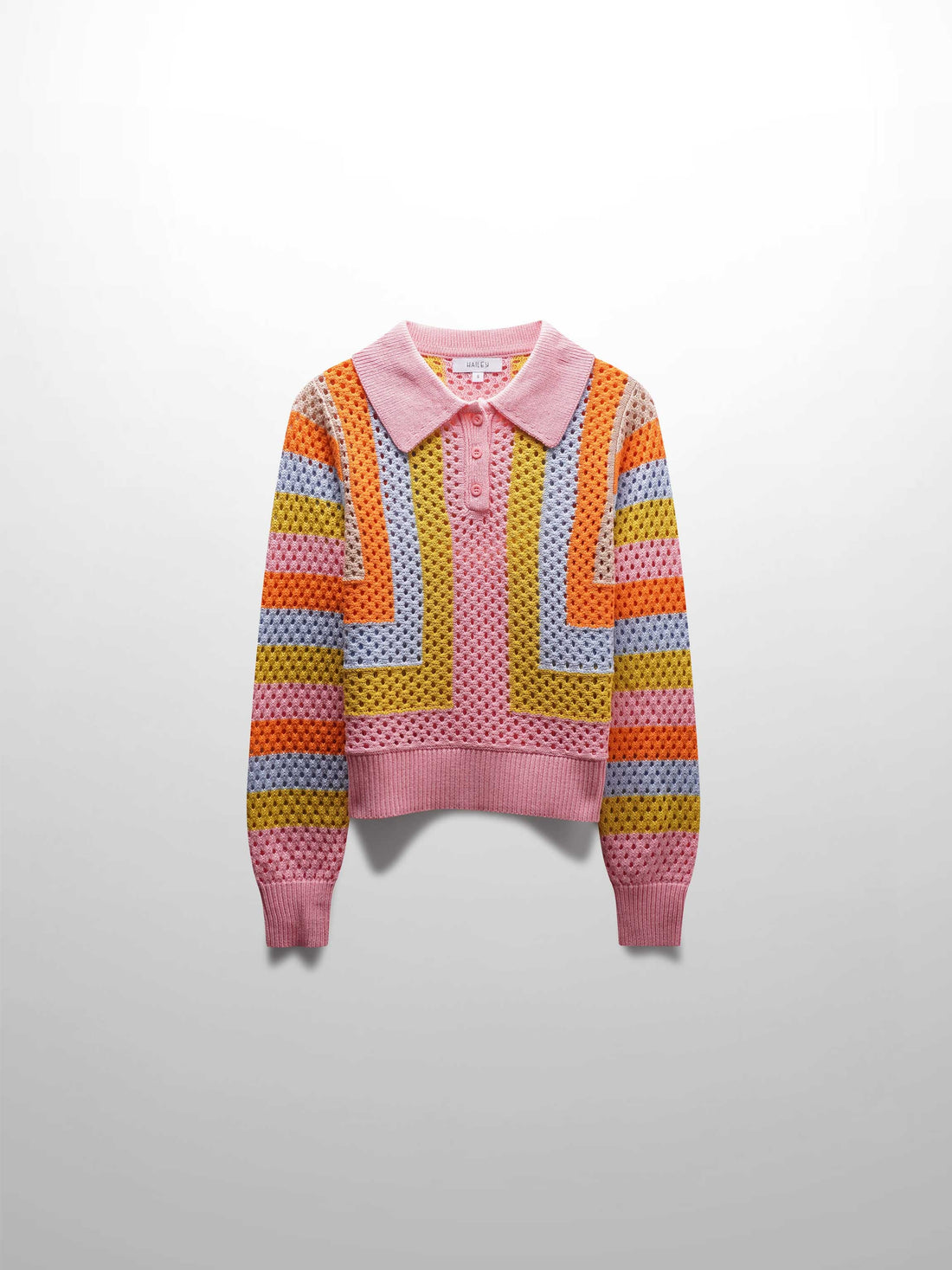 Mesh Striped Polo Sweater-Pink