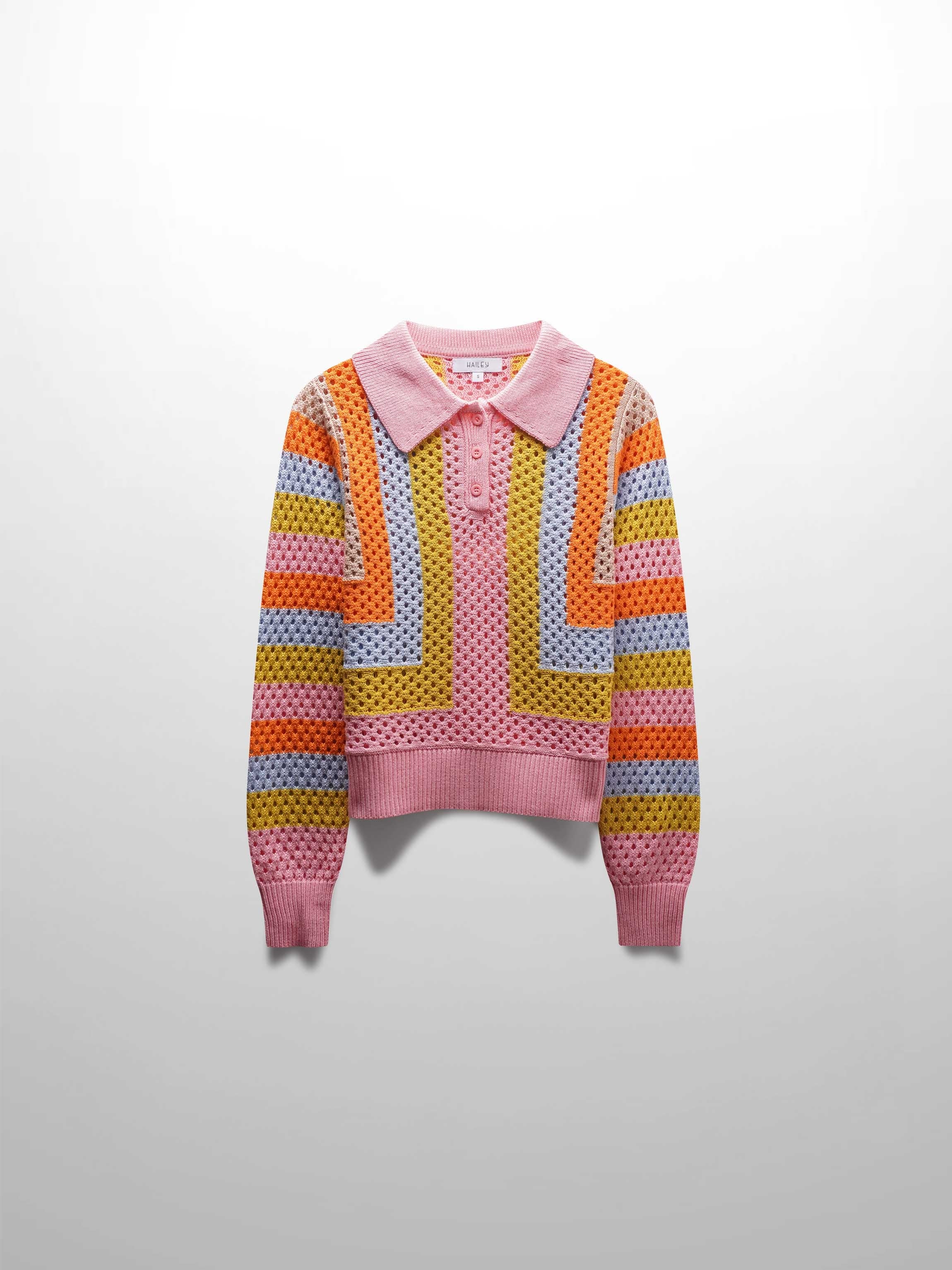 Mesh Striped Polo Sweater-Pink
