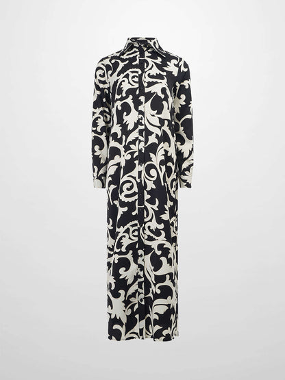 Long Button Down Shirtdress-Black/White Floral