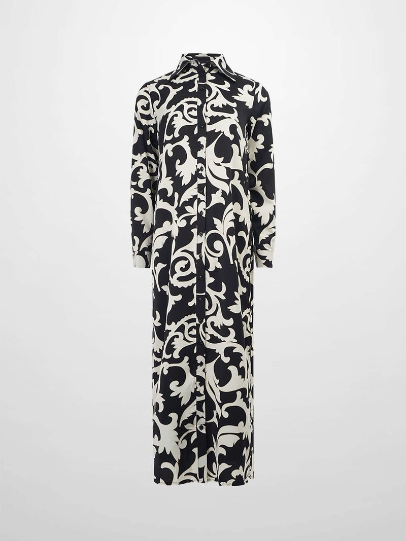 Long Button Down Shirtdress-Black/White Floral