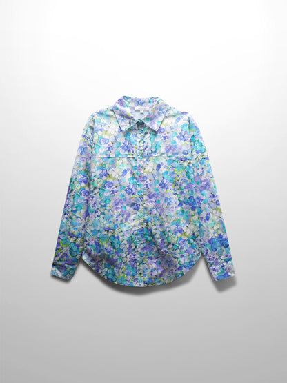 Rounded Hem Button Down Shirt-Aqua Mix