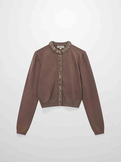 Embellished Cardigan Sweater-Mocha Mousse