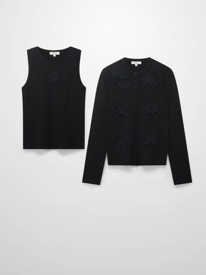Crochet Puff Flower Sweater Set-Black