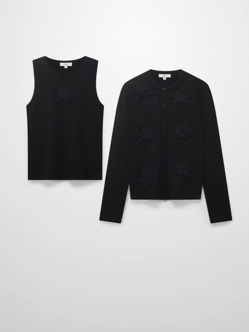 Crochet Puff Flower Sweater Set-Black