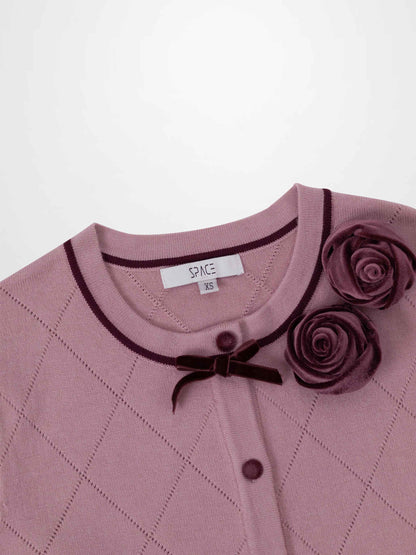 Velvet Detail Pointelle Crew Cardigan-Pink/Burgundy