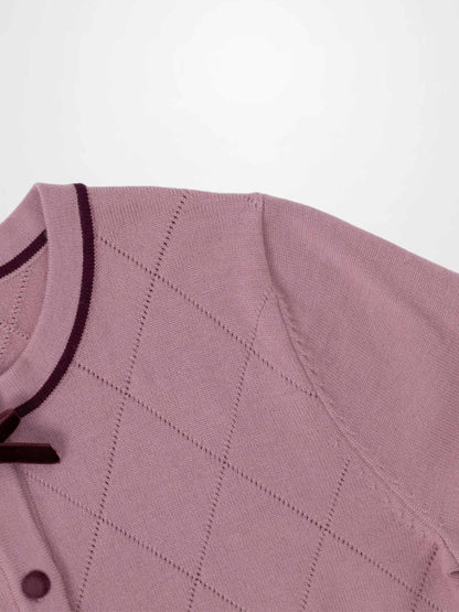 Velvet Detail Pointelle Crew Cardigan-Pink/Burgundy
