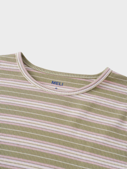 Multi Striped Ribbed Crew-Sage/Pink