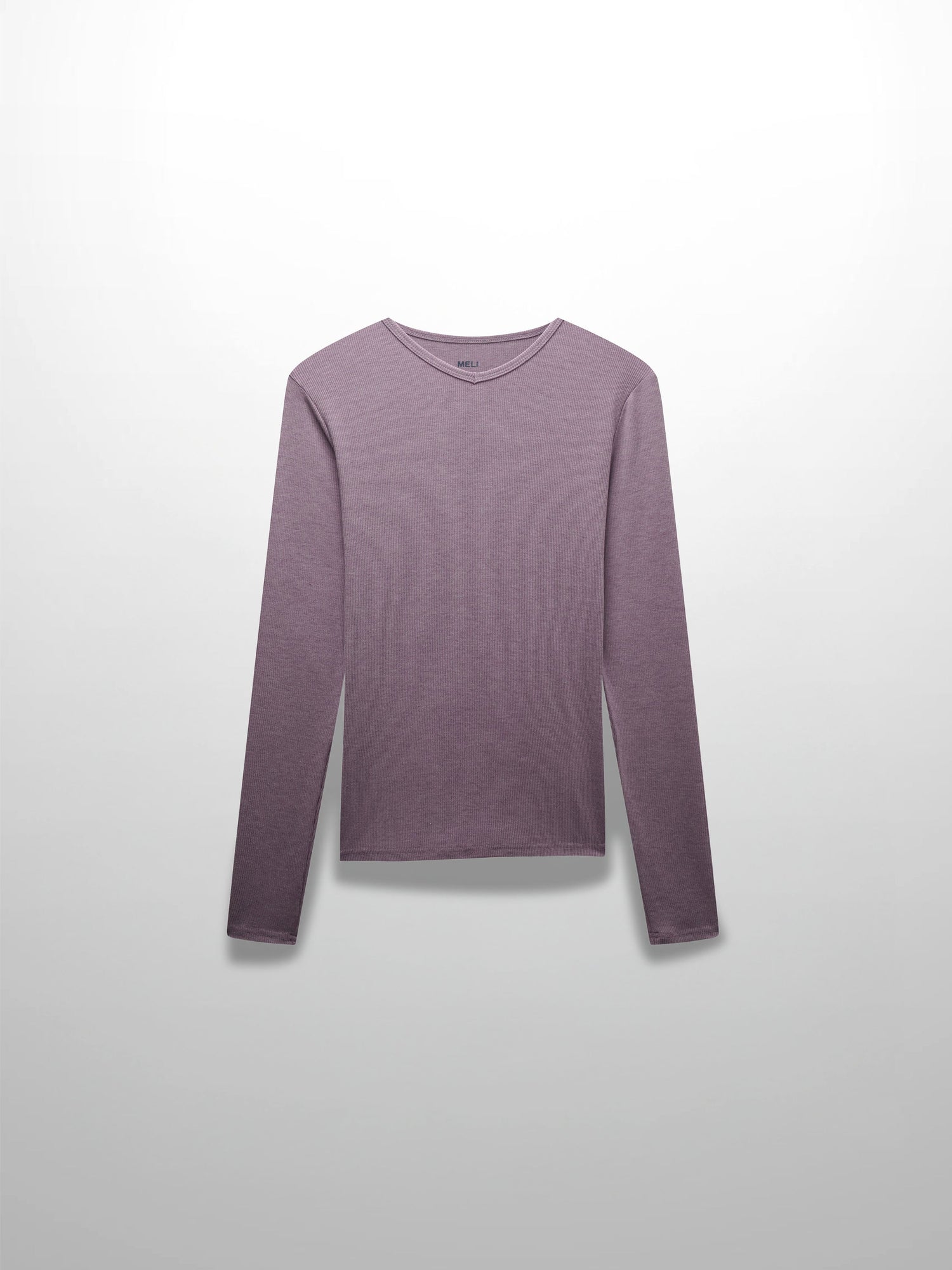 This is a full, front view of the long-sleeved, lavender-colored ribbed shirt. The garment is laid out flat against a white background.