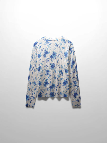 Printed Cable Knit Sweater-Blue Floral