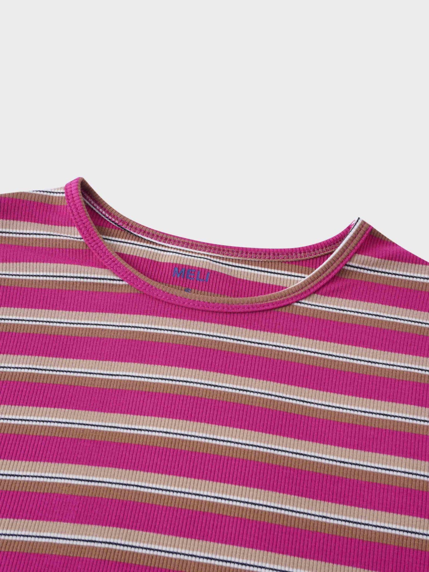 Multi Striped Ribbed Crew-Hot Pink/Tan