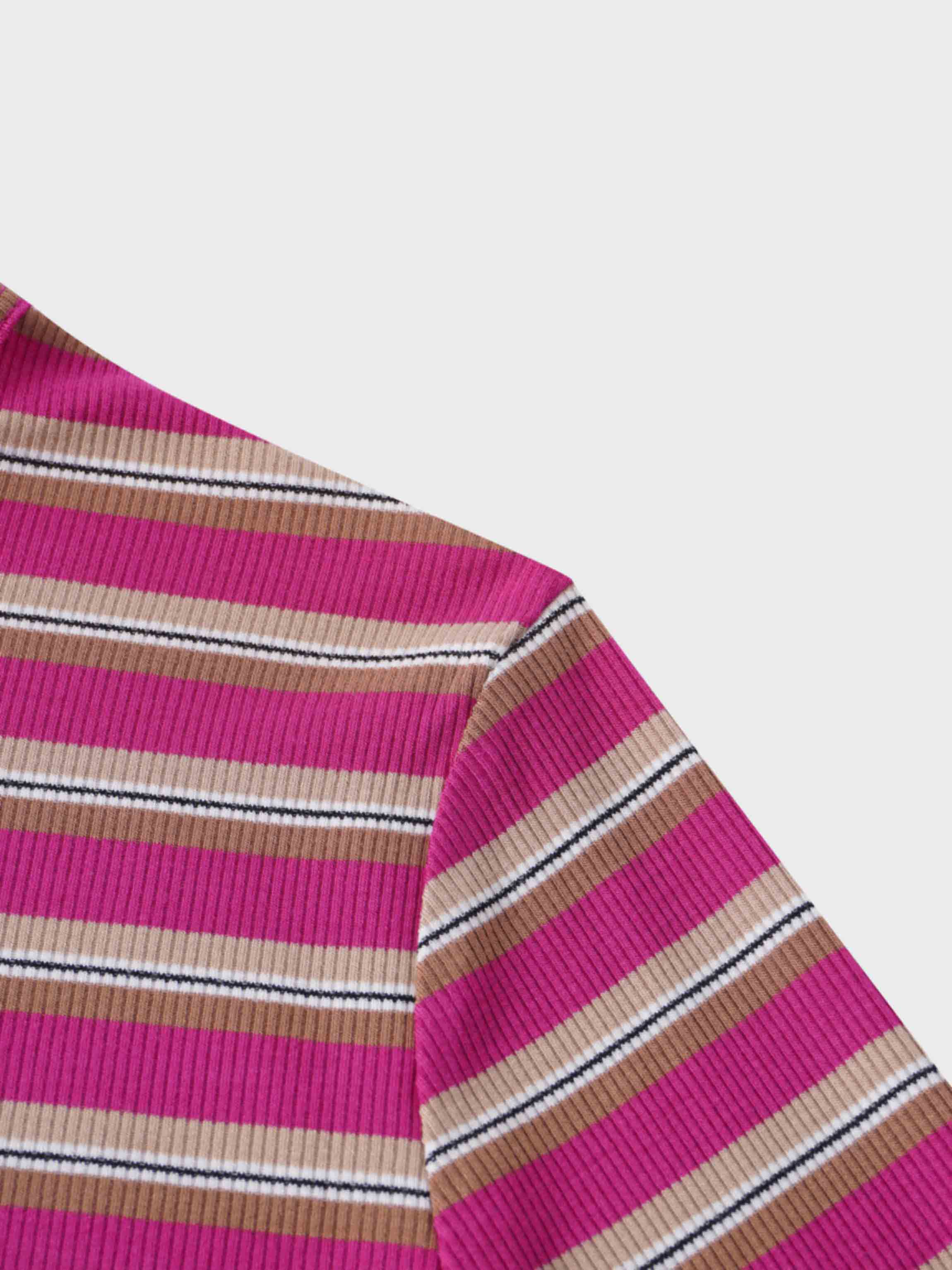 Multi Striped Ribbed Crew-Hot Pink/Tan