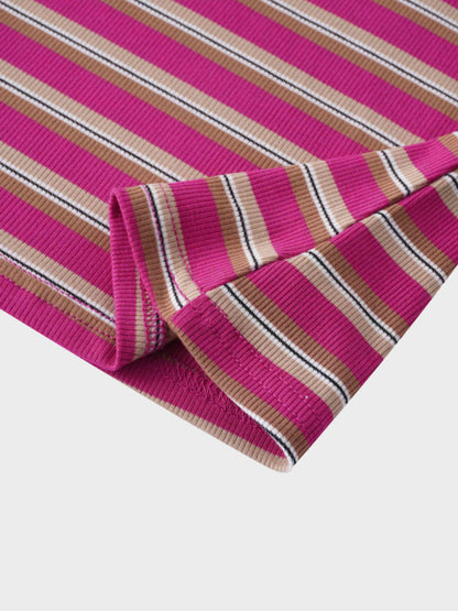 Multi Striped Ribbed Crew-Hot Pink/Tan