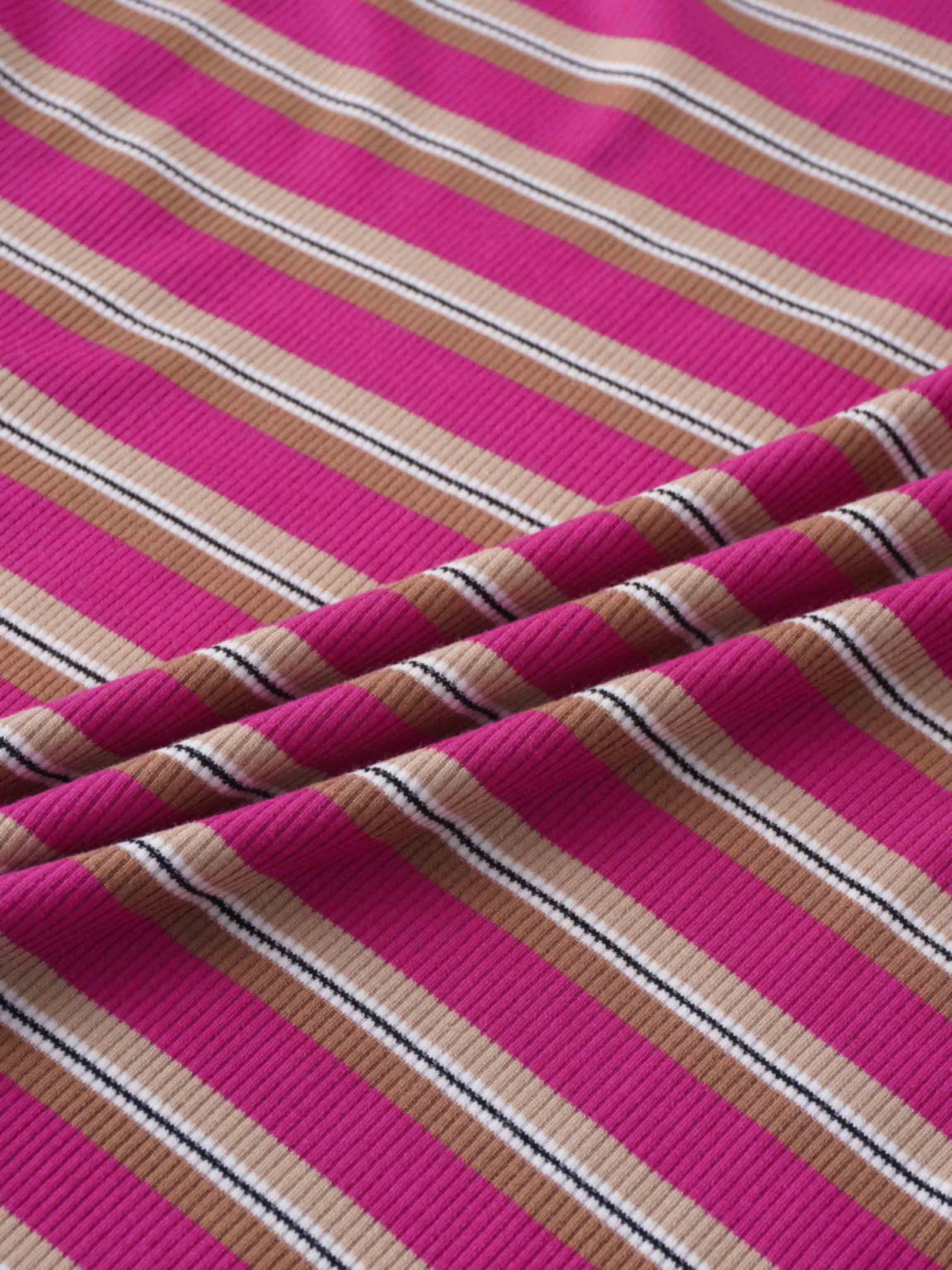 Multi Striped Ribbed Crew-Hot Pink/Tan