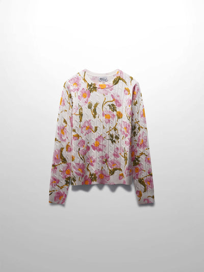Printed Cable Knit Sweater- Soft Pink Floral