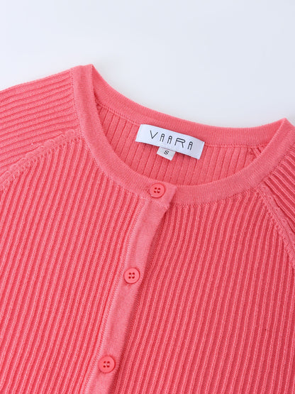 Ribbed Knit Cardigan-Coral