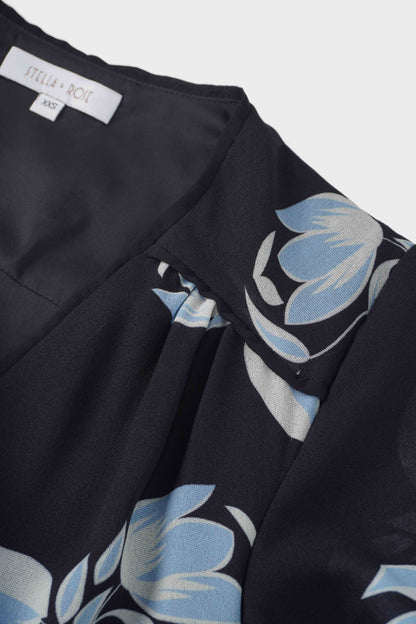Flutter Sleeve Wrap Dress-Blue Flower