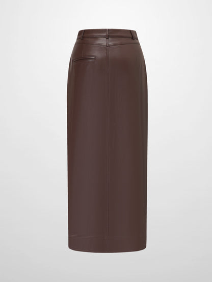 Front Pocket Straight Faux Leather Skirt-Brown