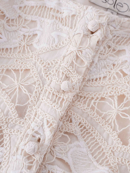 Lace Cutout Princess Style Belted Dress-Cream