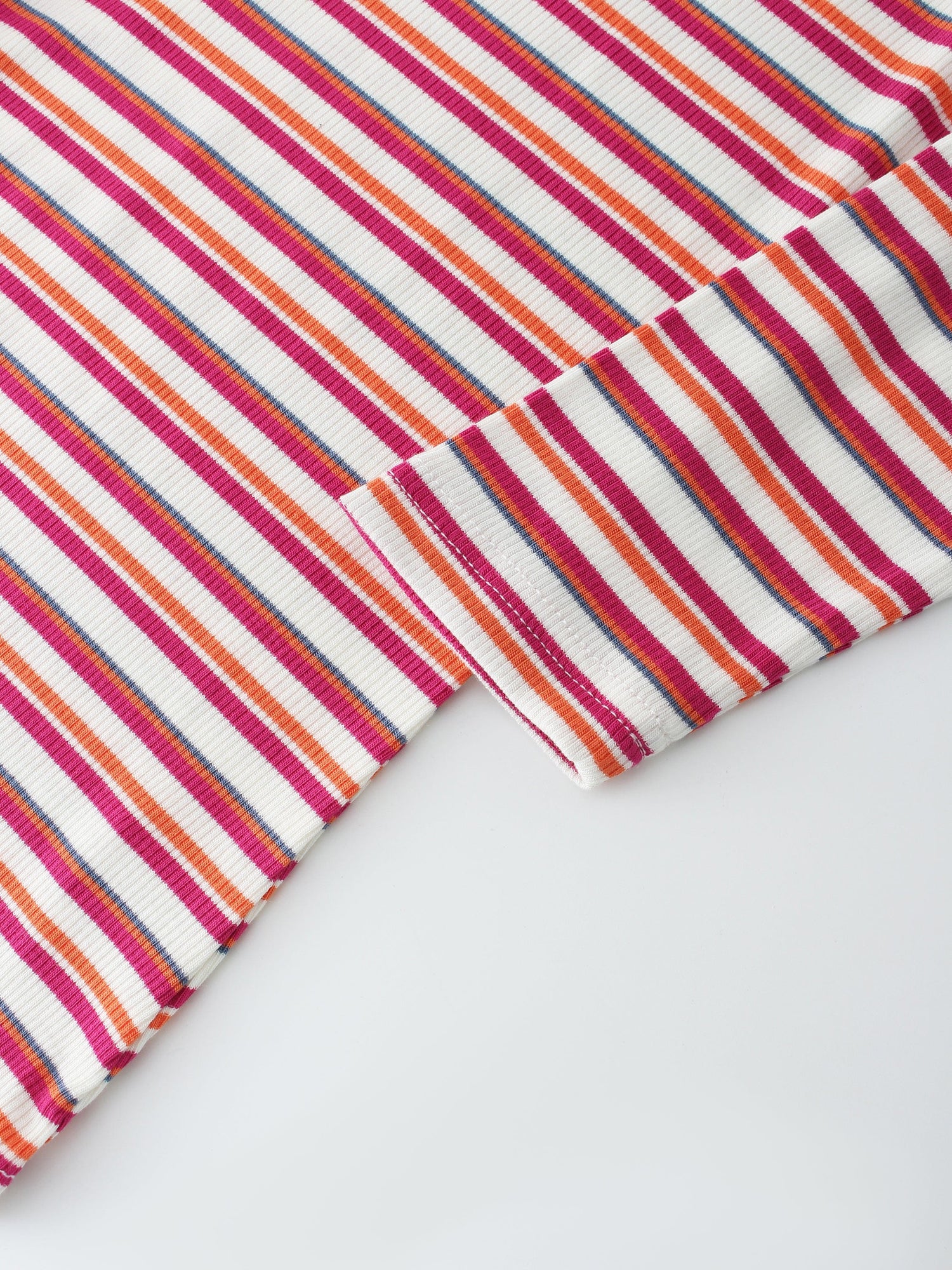 Striped Ribbed Crew-White/Orange/Hot Pink