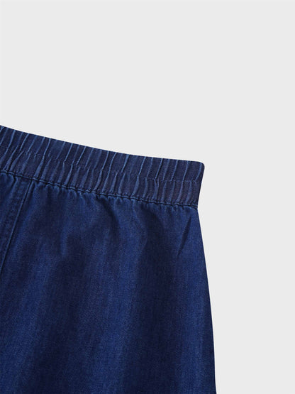 Elastic Waist Denim Skirt-Blue