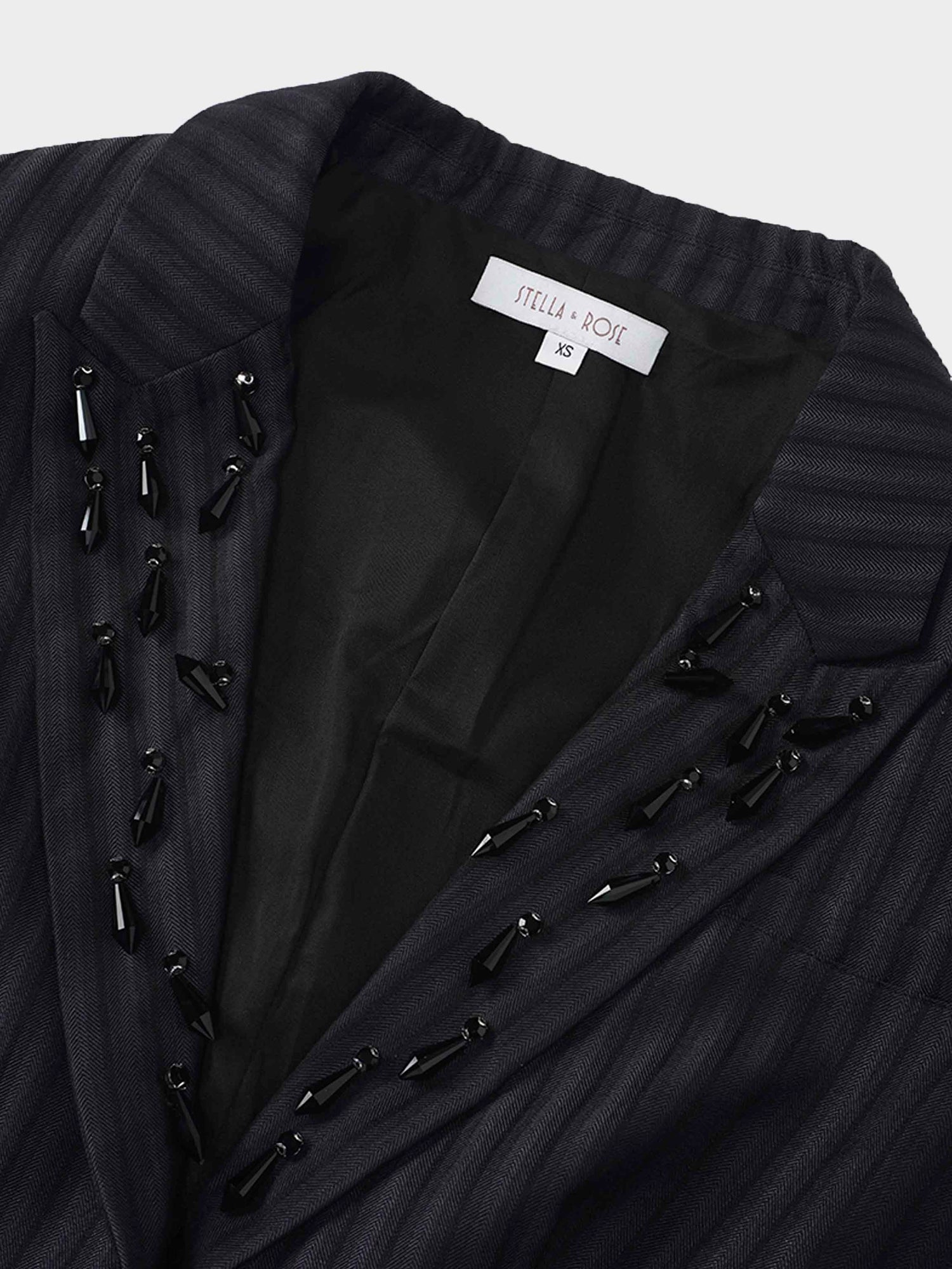Herringbone Crop Beaded Blazer-Grey/Black