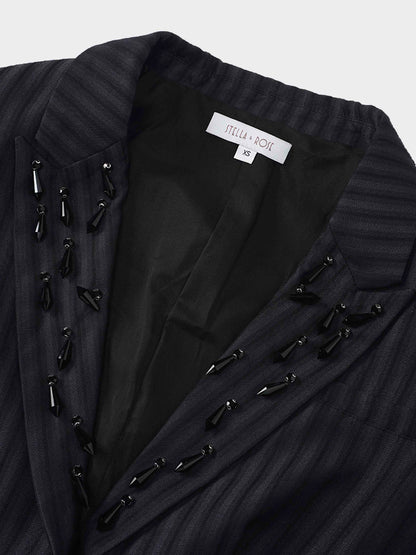 Herringbone Crop Beaded Blazer-Grey/Black