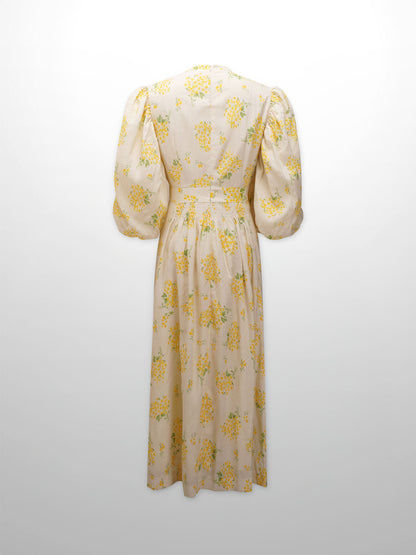 Ruched Puff Sleeve Dress-Yellow Floral