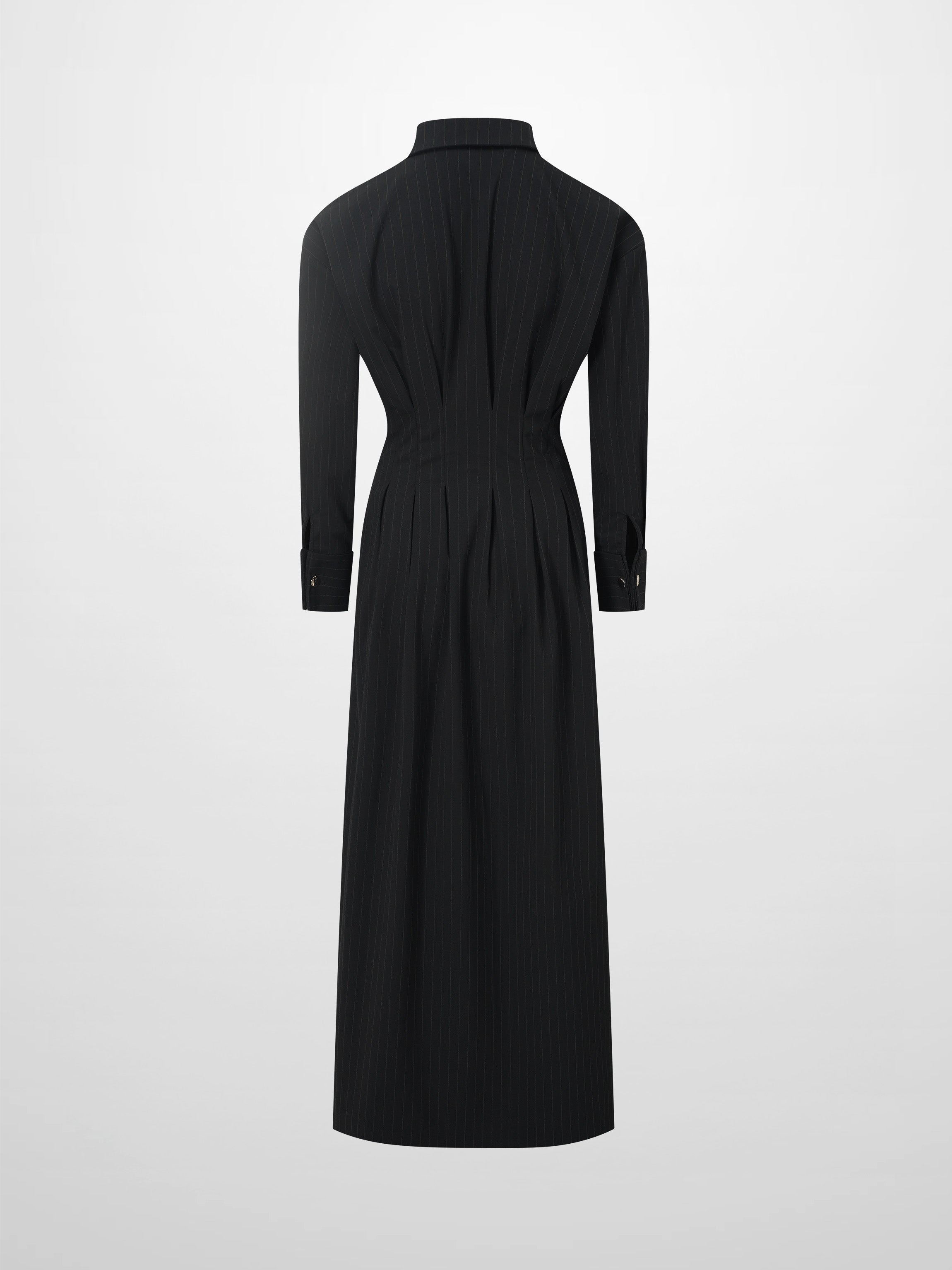 Pleat Waist Pinstripe Button Down Dress-Black