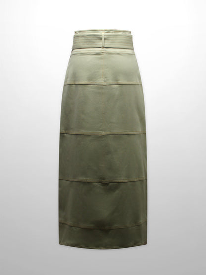 Stitched Tiered Belted Denim Skirt-Sage Green