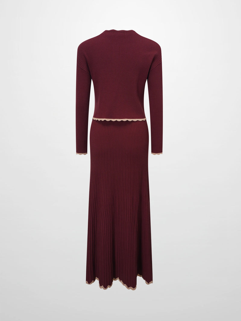Knit Crop Sweater Dress Set-Burgundy/Pink