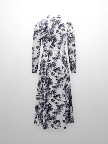Belted Waist Pleat Shirtdress-Cream/Blue Floral