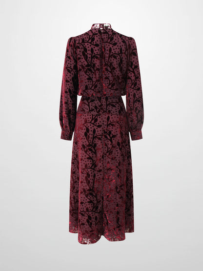 Waisted Yoke Dress-Burgundy Velvet Leaves