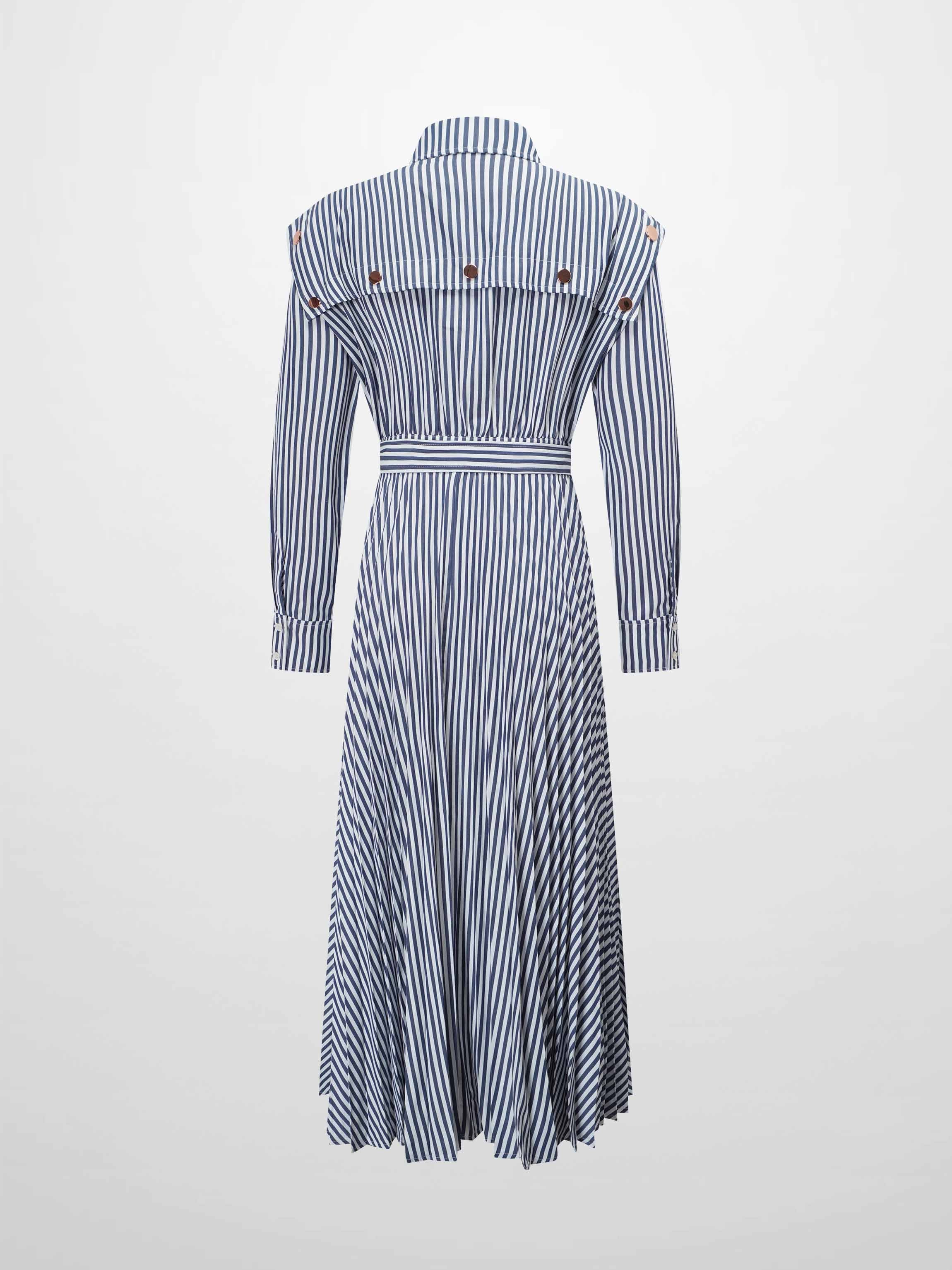 Pleat Bottom Waisted Shirtdress-Navy Pinstripe