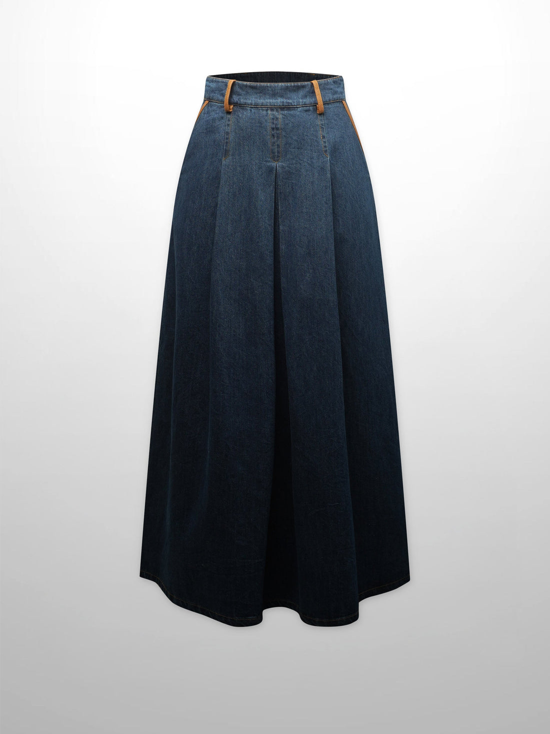 Leather Trim Denim Skirt-Blue