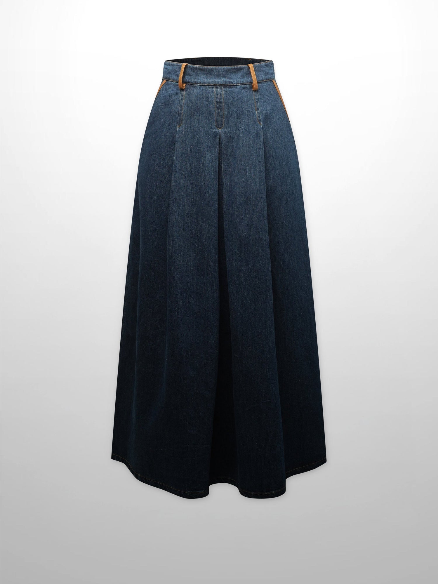 Leather Trim Denim Skirt-Blue