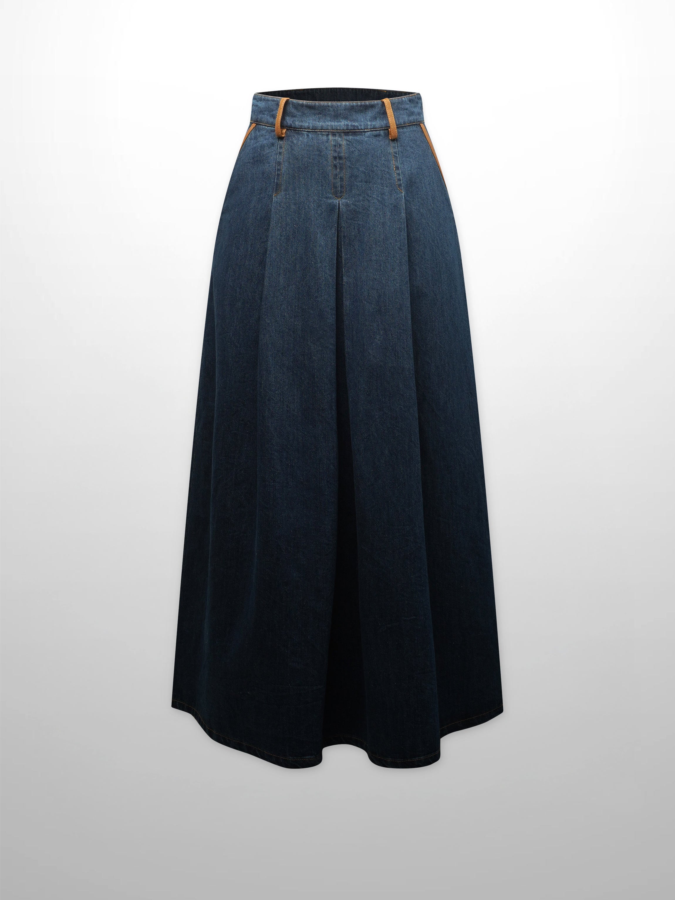 Leather Trim Denim Skirt-Blue