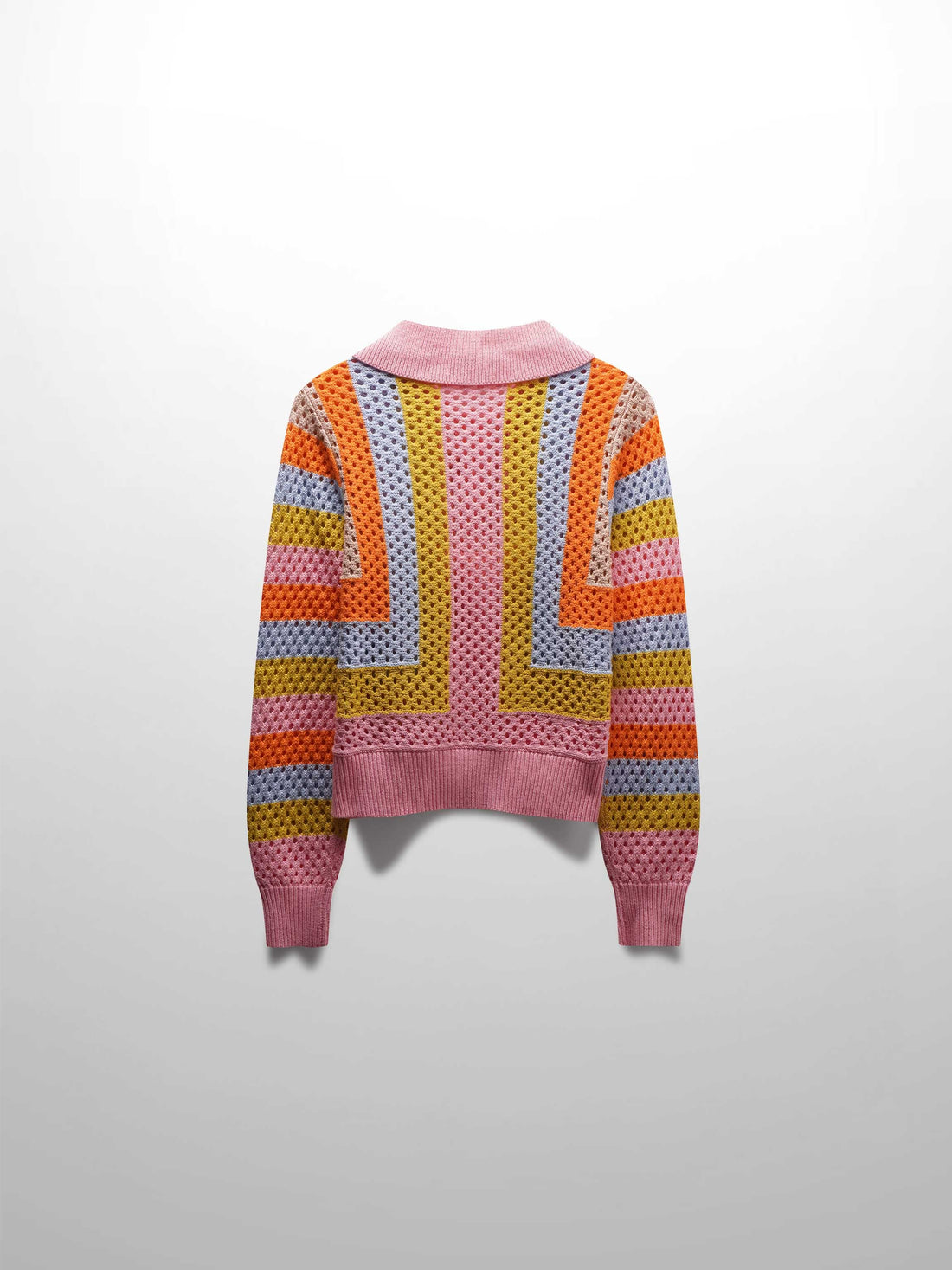 Mesh Striped Polo Sweater-Pink