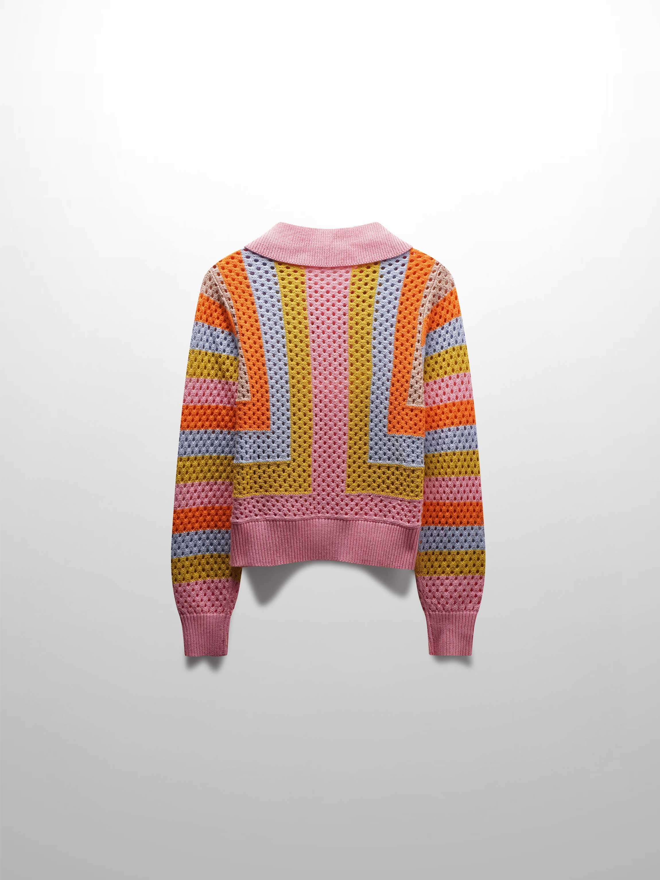 Mesh Striped Polo Sweater-Pink