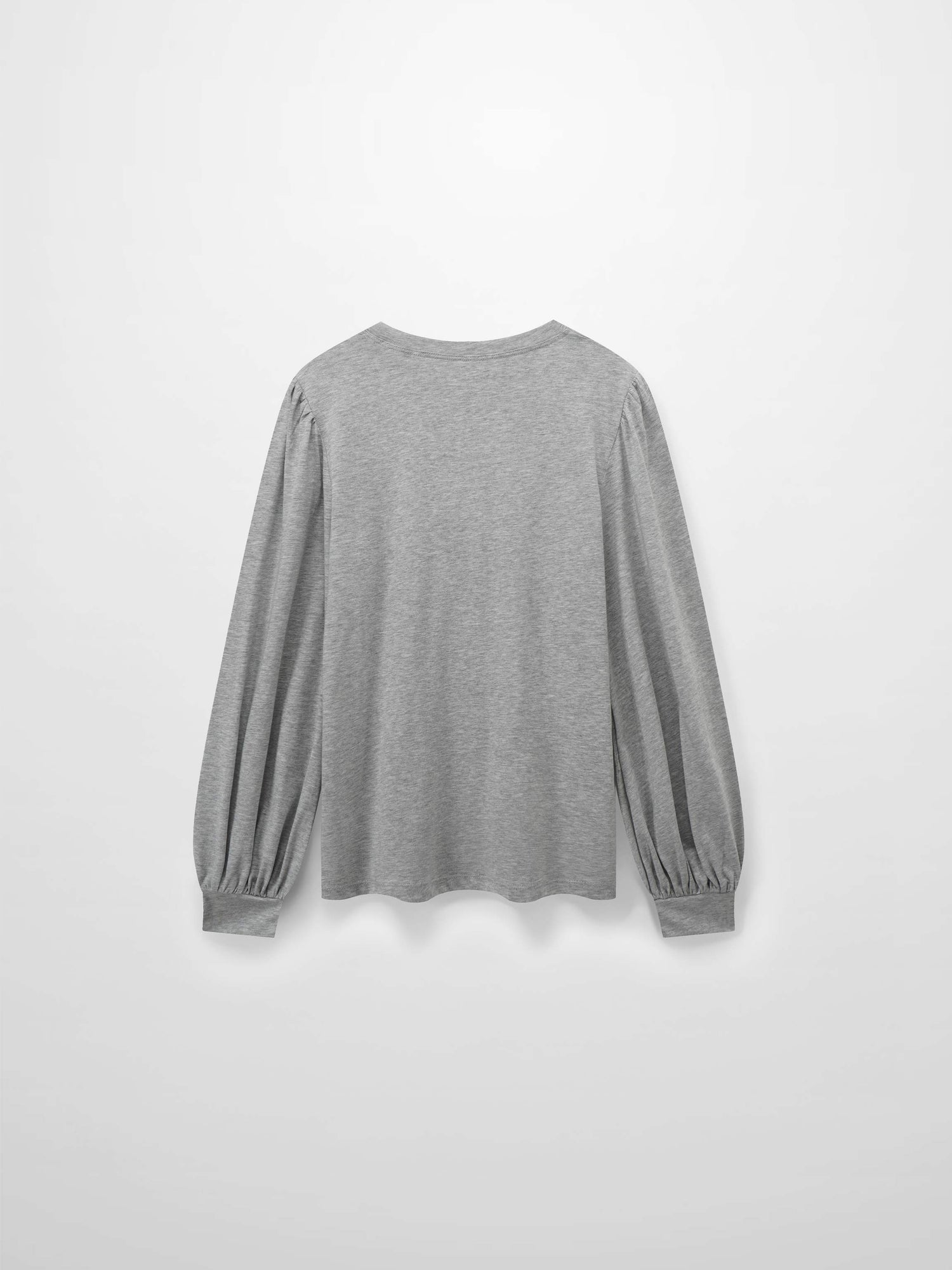 A full, back view of the long-sleeved, heather gray shirt. The design&