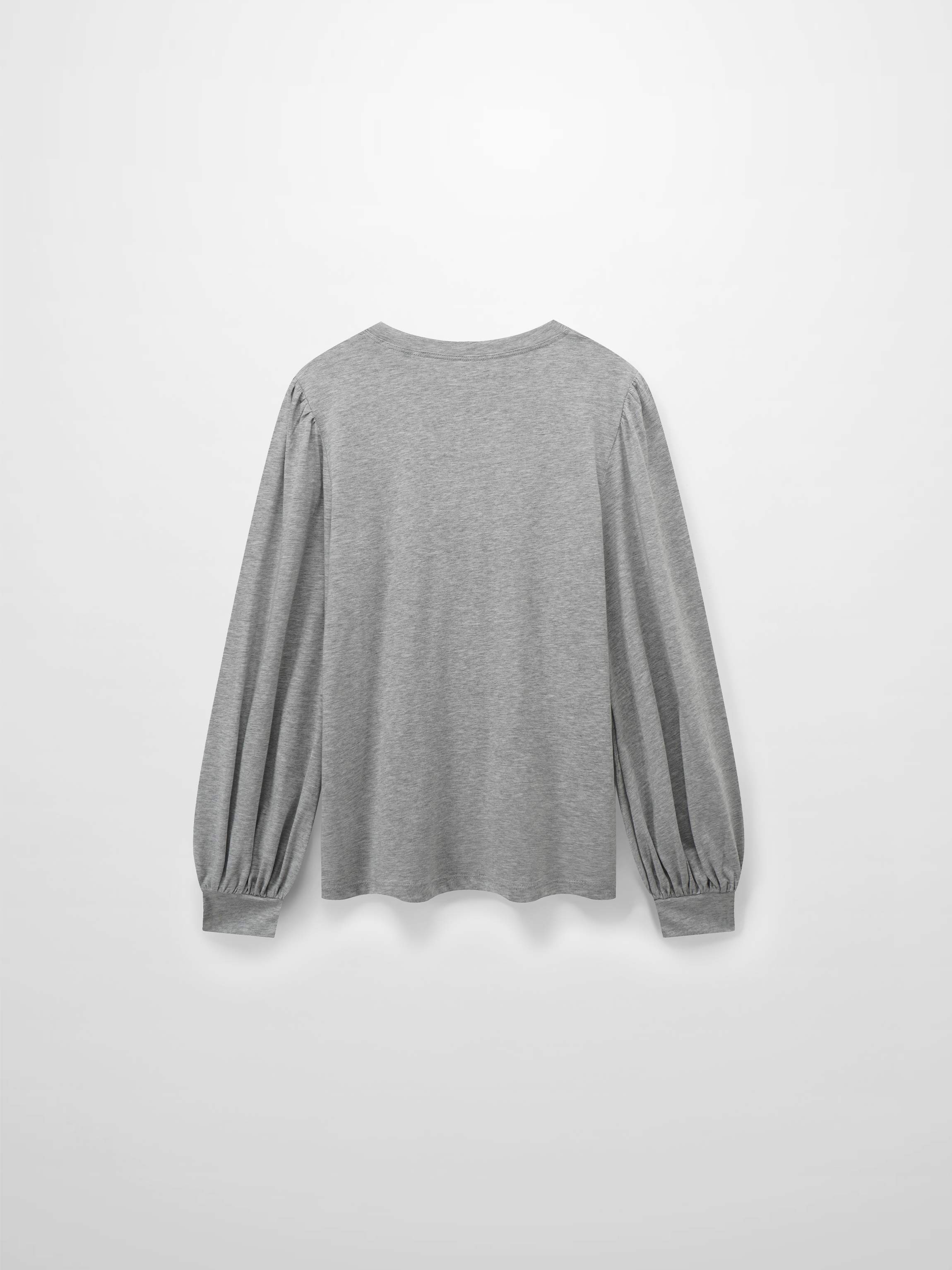 A full, back view of the long-sleeved, heather gray shirt. The design&
