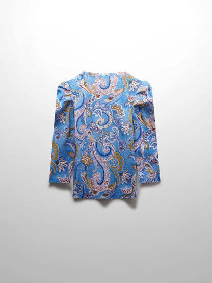 Ribbed Crew Neck Puff Sleeve Top-Light Blue Paisley