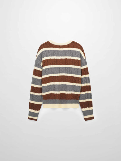 Cable Striped Sweater-Brown/Grey