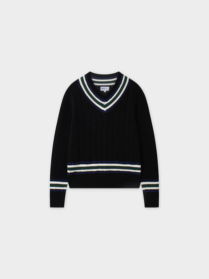 V-Neck Cable Sweater-Black/Green