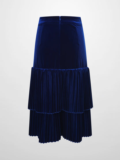 Double Layer Pleated Bottom Velvet Skirt-Navy