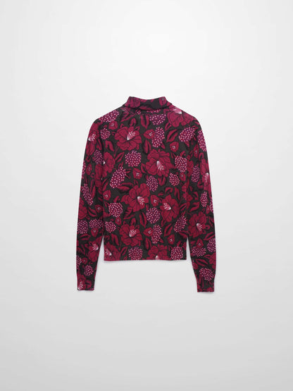 Thin Knit Turtleneck Sweater-Grey Pink Floral