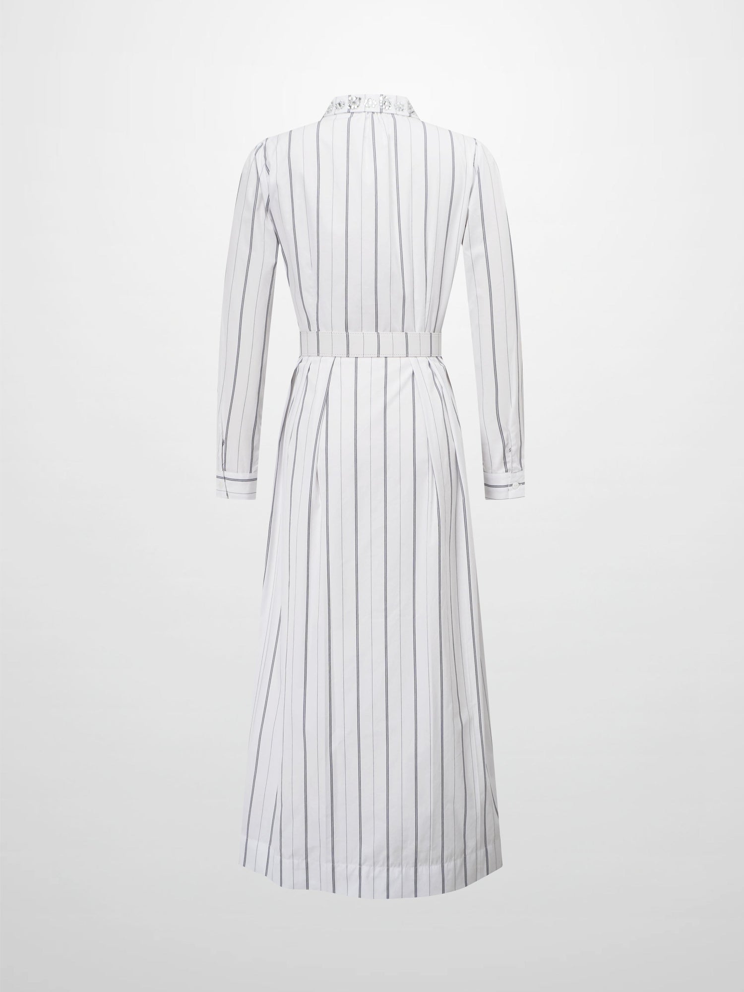 Jeweled Collar Belted Shirtdress-White Pinstripe