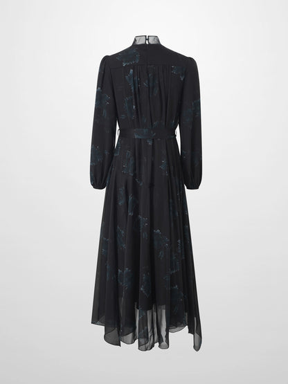 Asymmetrical Bottom Belted Dress-Green Floral