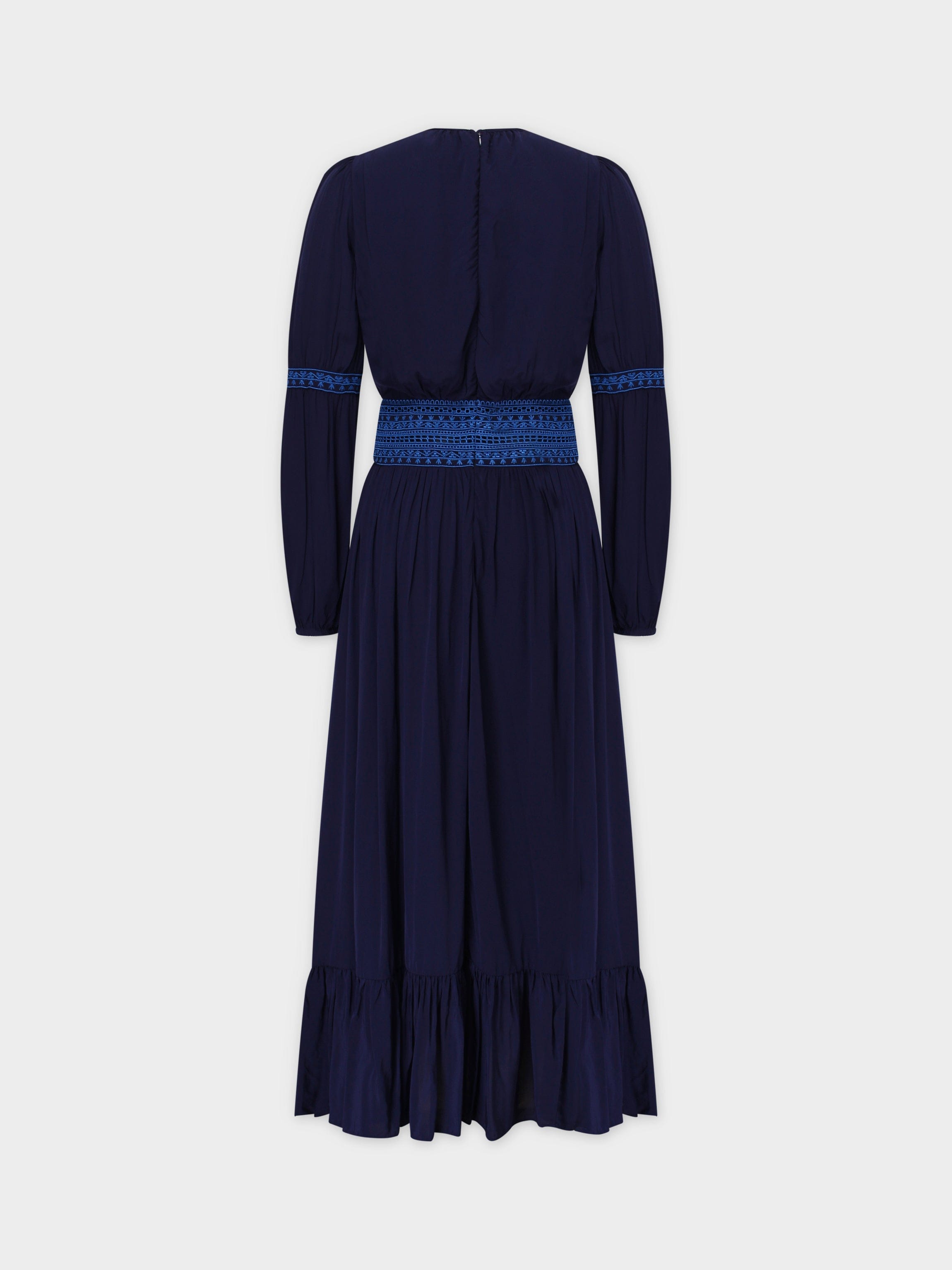 Embroidered Waist Dress-Blue