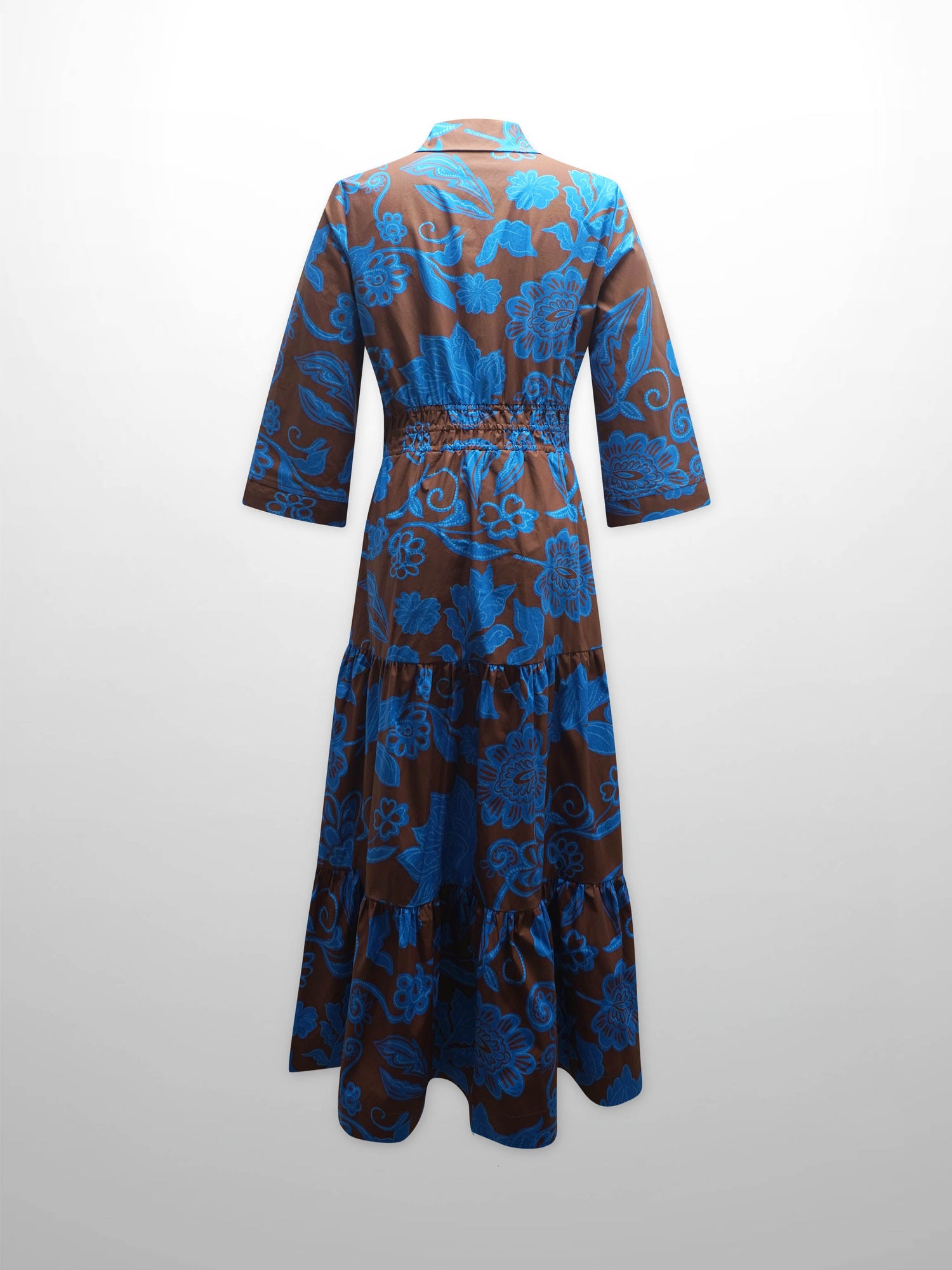 Elastic Waist Tiered Shirtdress-Brown/Blue Floral